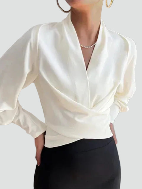 Elegant satin wrap blouse with V-neck and puff sleeves