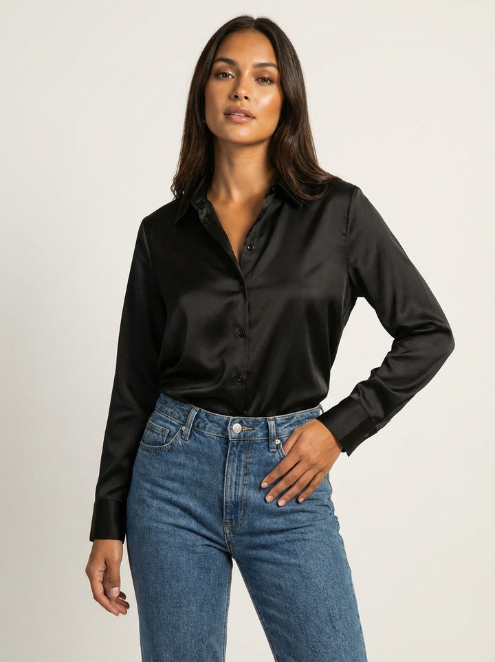 Dames Satijnen Blouse – Glanzende Afwerking met Elegante Pasvorm Zwart / S - AIDA LENA