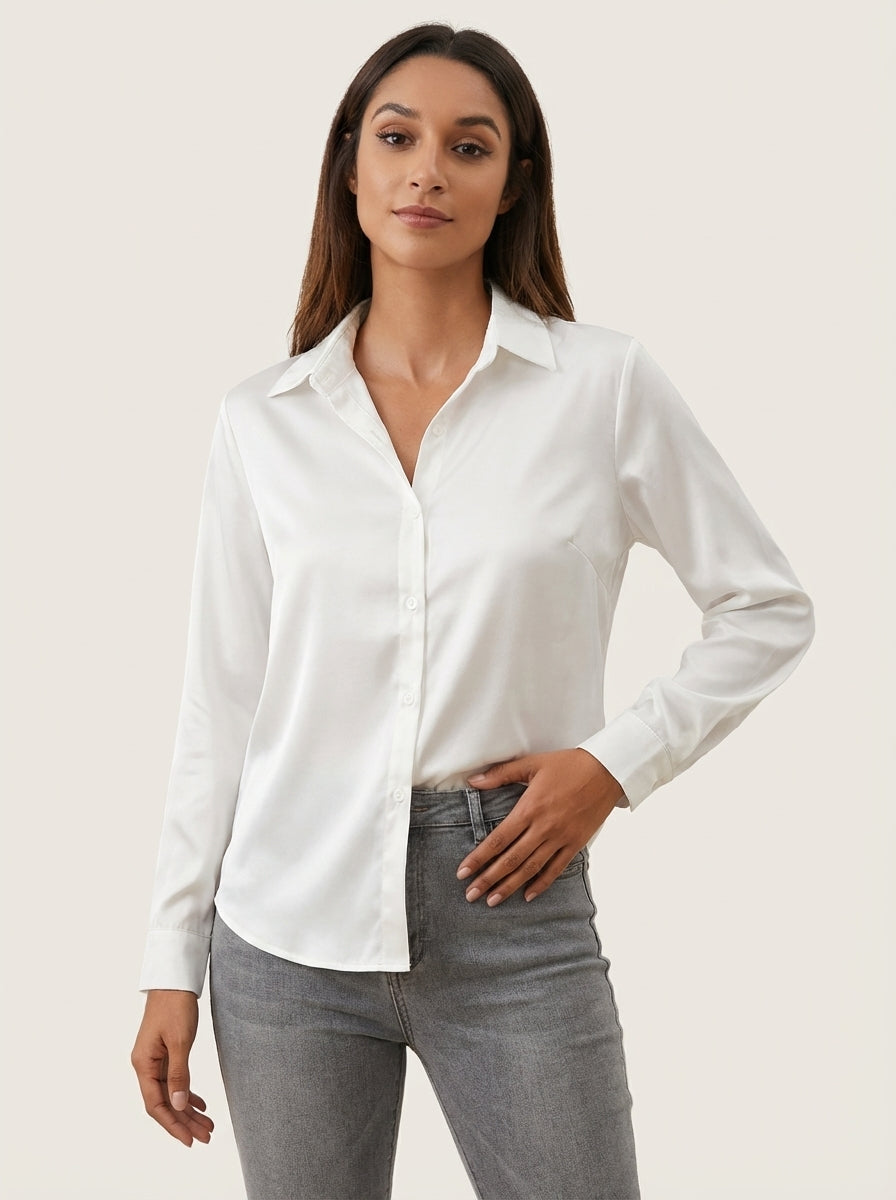 Dames Satijnen Blouse – Glanzende Afwerking met Elegante Pasvorm Wit / S - AIDA LENA