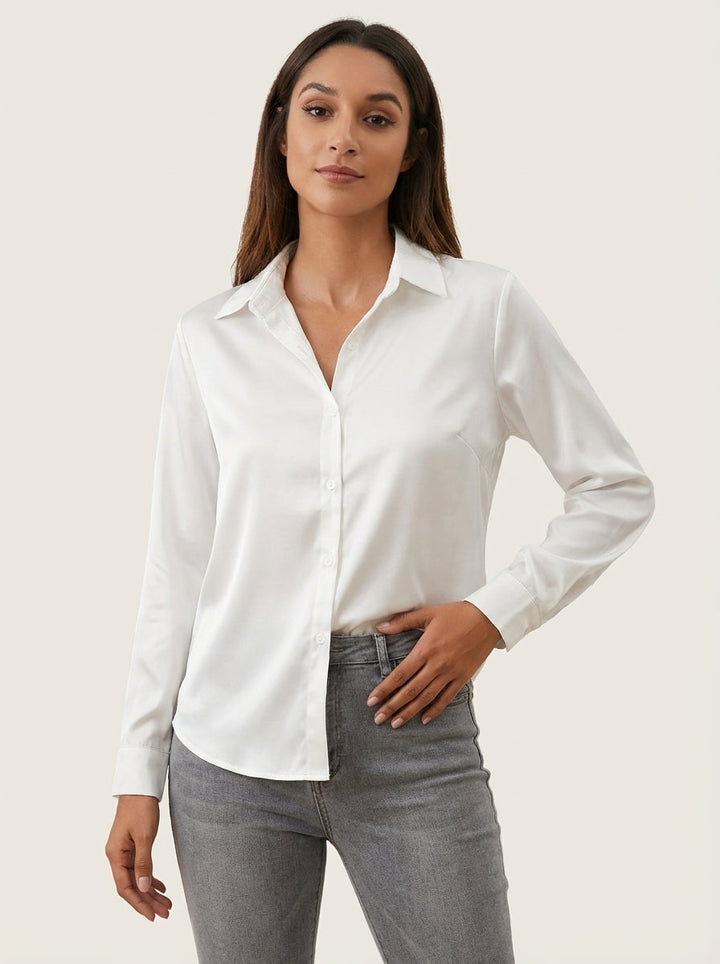 Dames Satijnen Blouse – Glanzende Afwerking met Elegante Pasvorm Wit / S - AIDA LENA