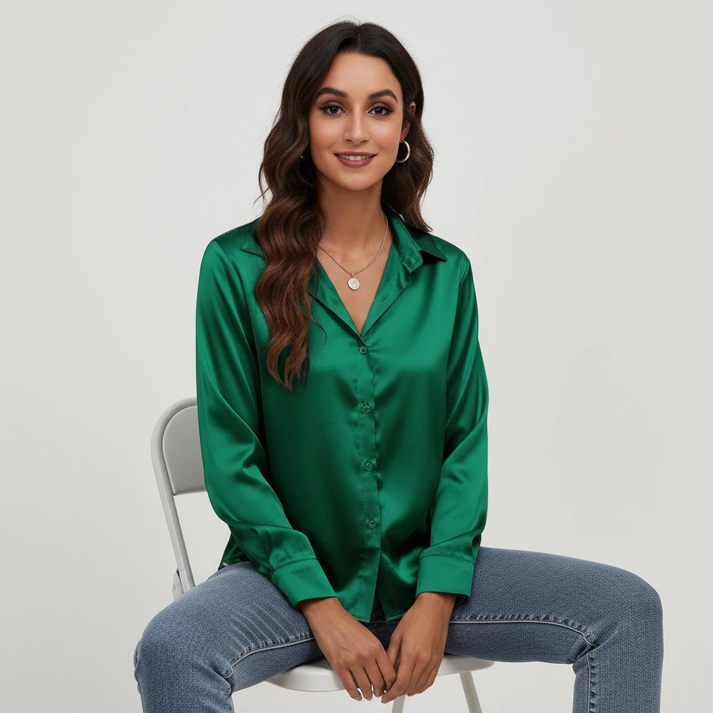 Dames Satijnen Blouse – Glanzende Afwerking met Elegante Pasvorm Blauw / S - AIDA LENA