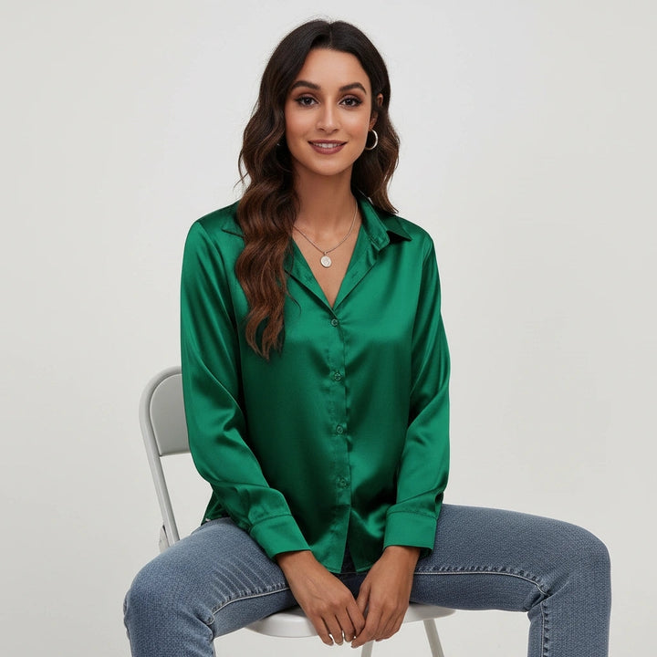 Dames Satijnen Blouse – Glanzende Afwerking met Elegante Pasvorm Blauw / S - AIDA LENA