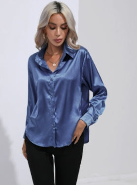 Dames Satijnen Blouse – Glanzende Afwerking met Elegante Pasvorm Blauw / S - AIDA LENA