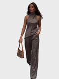 Satin women's set with an asymmetrical blouse for a wedding
