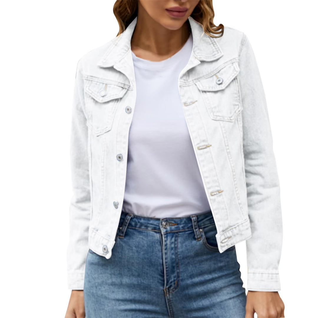 Women's denim look jacket with buttons and pockets