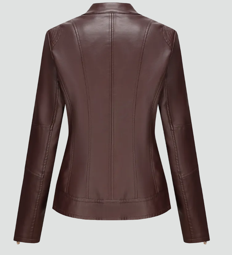 Women's biker jacket made of eco-friendly leather with zipper and stand-up collar