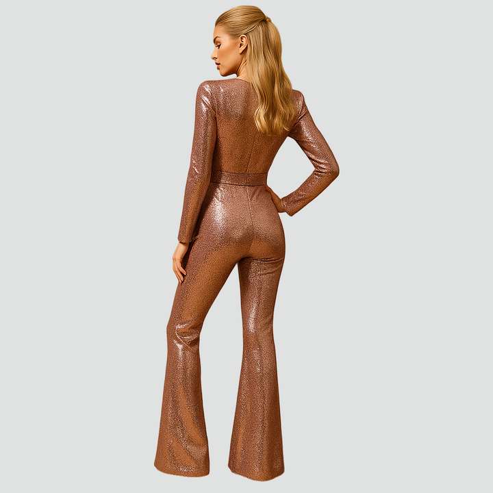 Brokatowy kombinezon z paskiem i długim rękawem dla kobiet