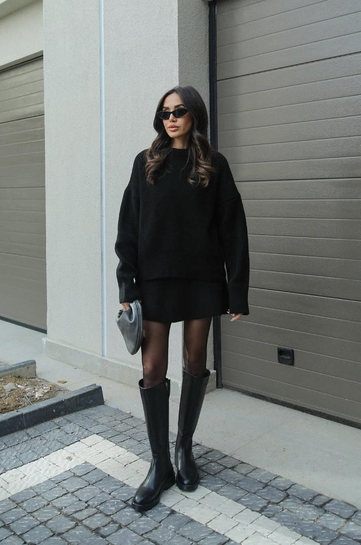Dzianinowy komplet oversize elegancki damski sweter i spódnica