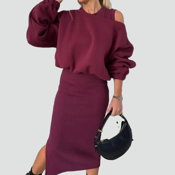 Dzianinowy komplet damski co ord set sukienka midi z bluzą