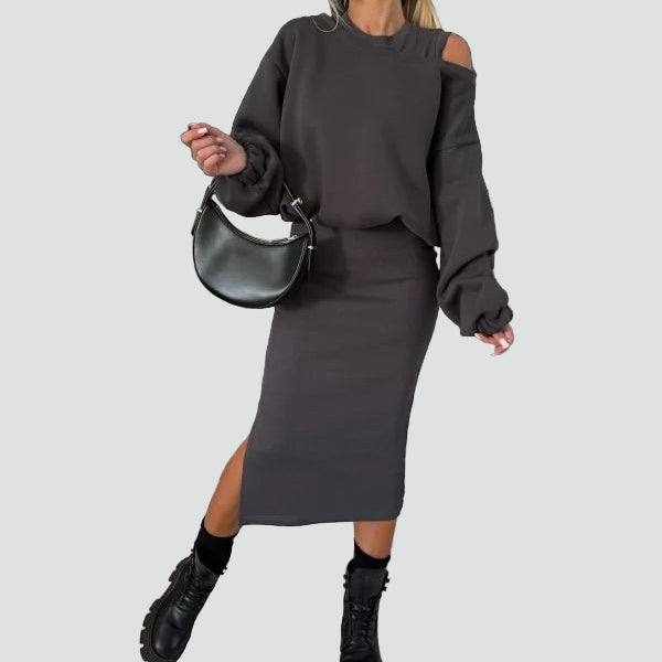 Dzianinowy komplet damski co ord set sukienka midi z bluzą