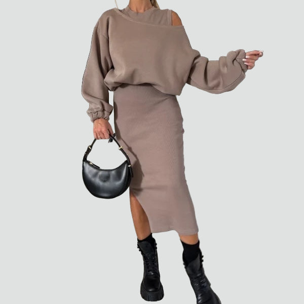 Dzianinowy komplet damski co ord set sukienka midi z bluzą