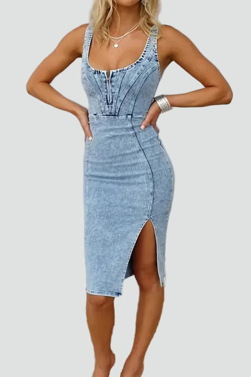 Midi denim corset dress with zipper and leg slit