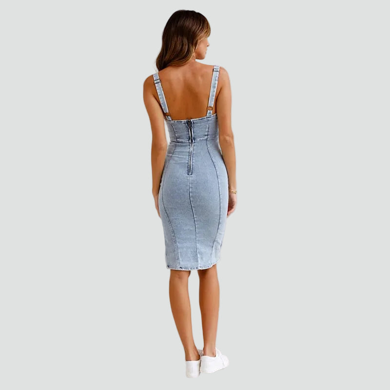 Midi denim corset dress with zipper and leg slit