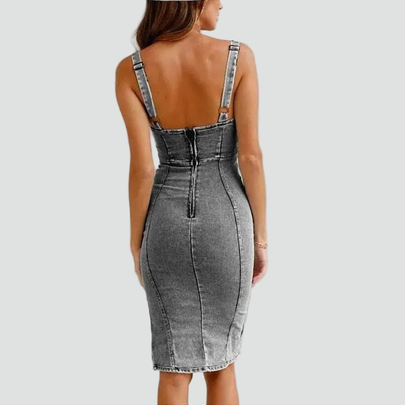 Midi denim corset dress with zipper and leg slit