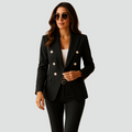 Elegant women's business suit with double-breasted blazer and trousers