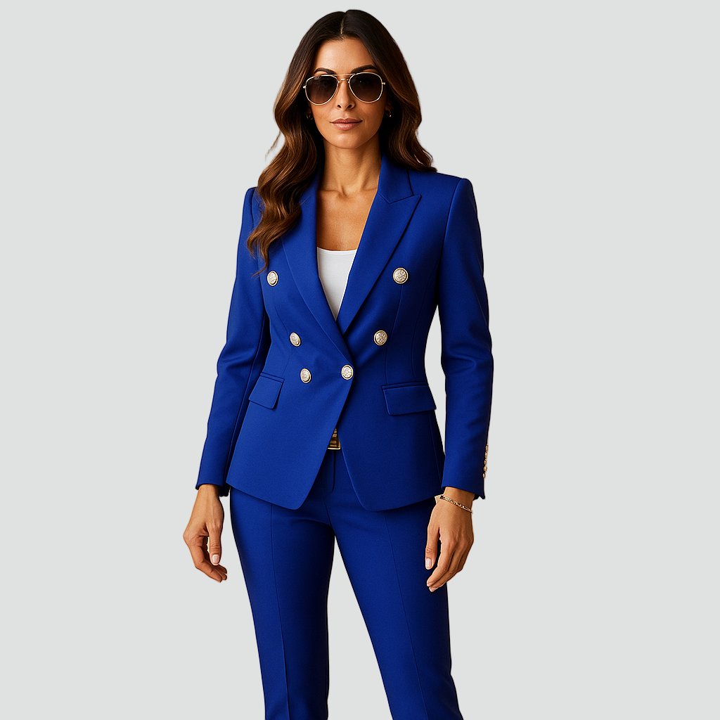Elegancki garnitur biznesowy damski z dwurzędową marynarką i spodniami