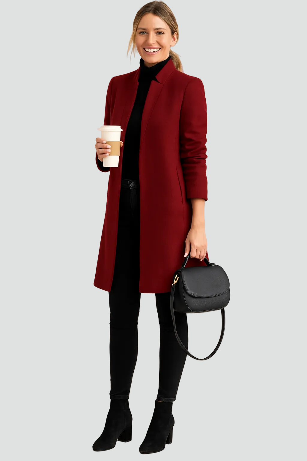 Klasyczny elegancki wełniany płaszcz damski do pracy