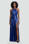 Robe maxi métallisée à encolure dos nu et fente