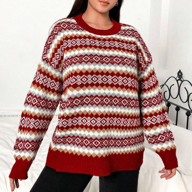 Fair Isle Knit Sweater for Women - Rot