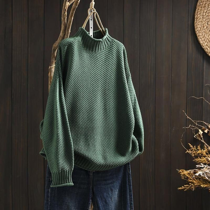 Textured Wool Long Sleeve Crew Neck Sweater for Women - Green