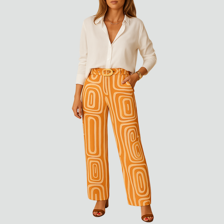 Wzorzyste szerokie spodnie damskie z wysokim stanem