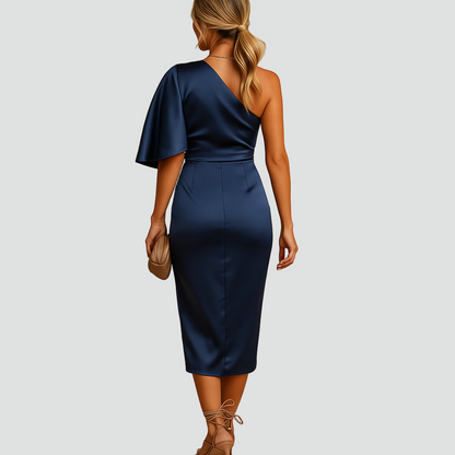 Asymetryczna satynowa sukienka koktajlowa na jedno ramię z rozcięciem dla kobiet