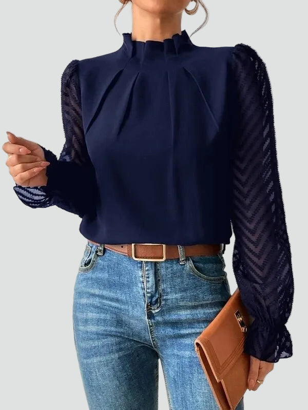 Elegant blouse with stand-up collar and sheer sleeves