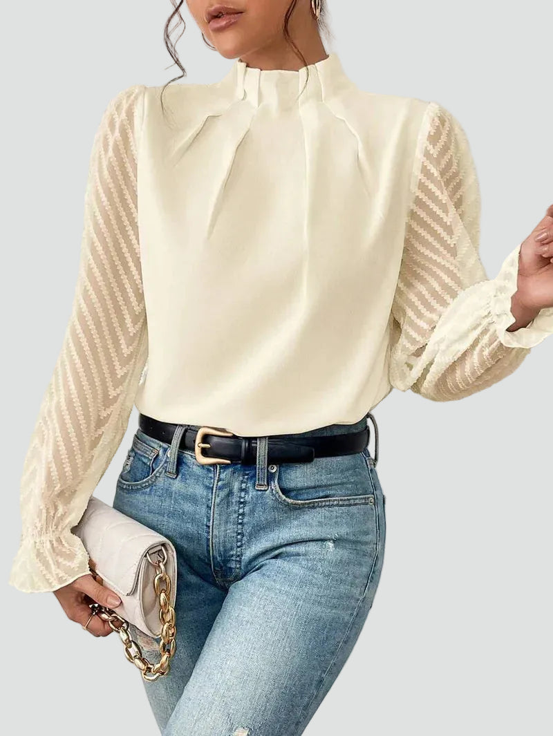 Elegant blouse with stand-up collar and sheer sleeves