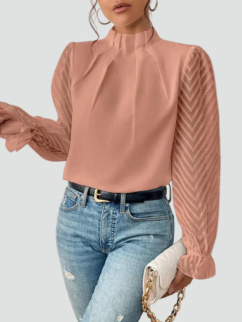 Elegant blouse with stand-up collar and sheer sleeves