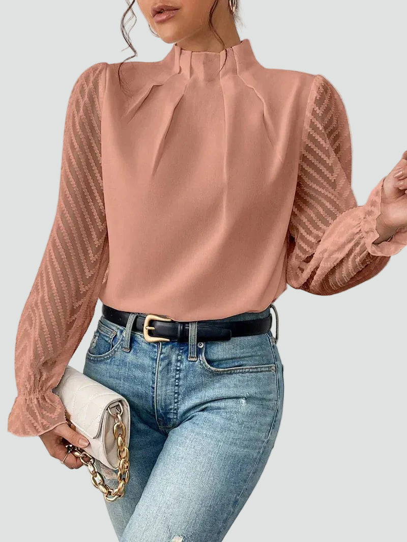 Elegant blouse with stand-up collar and sheer sleeves