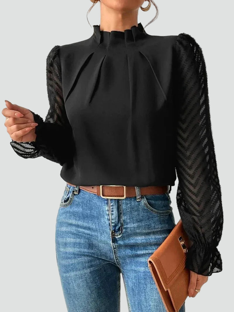 Elegant blouse with stand-up collar and sheer sleeves