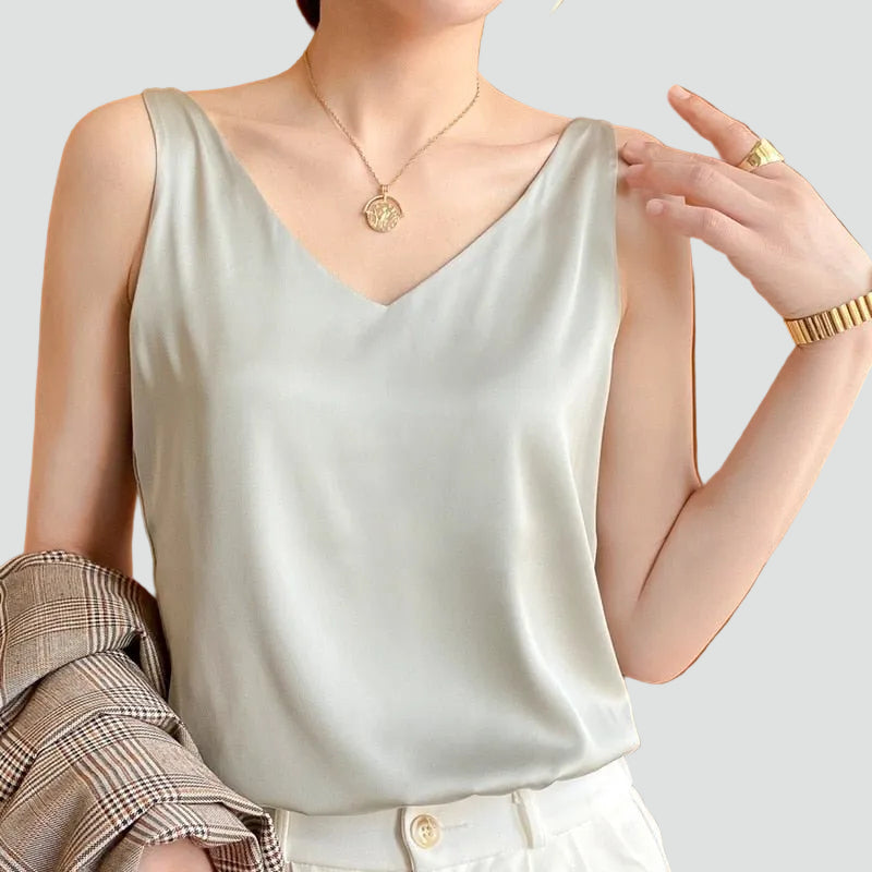 Satin sleeveless top with a V-neck for women
