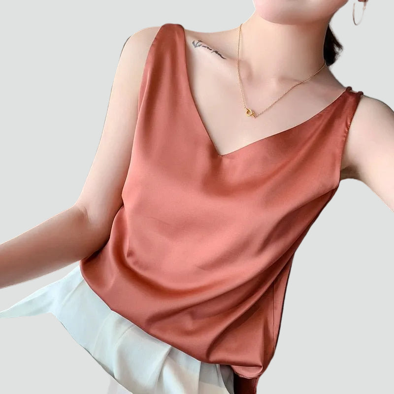 Satin sleeveless top with a V-neck for women