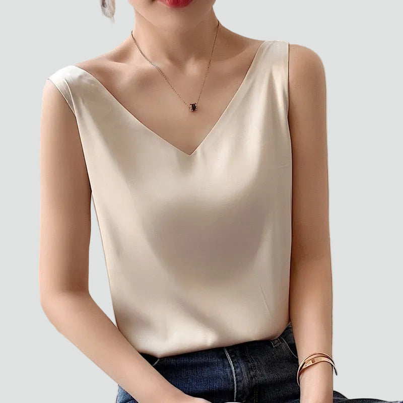 Satin sleeveless top with a V-neck for women