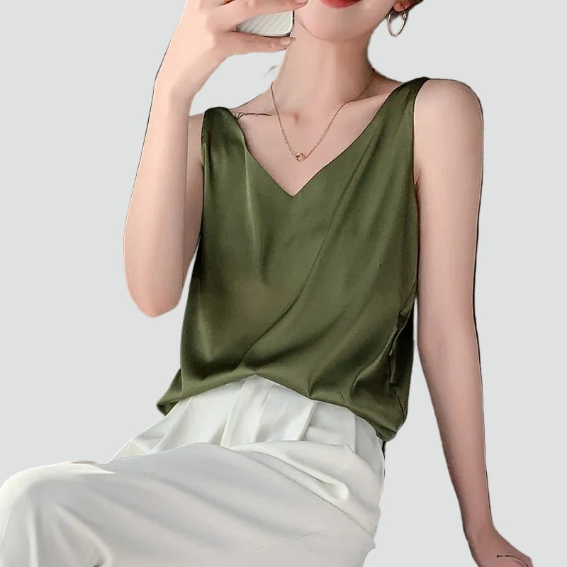 Satin sleeveless top with a V-neck for women