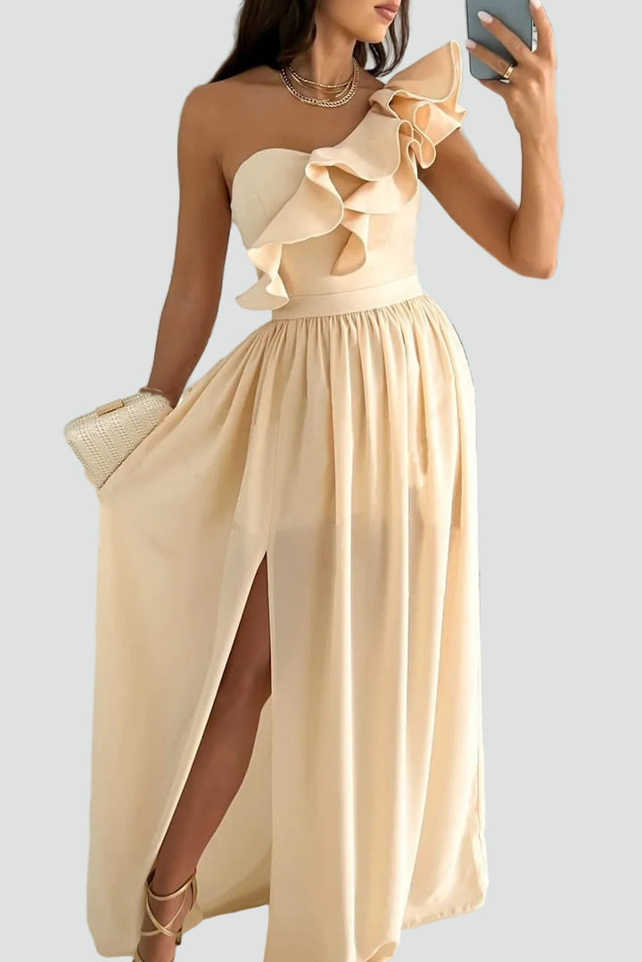 Maxi evening dress for a wedding with a slit and ruffle