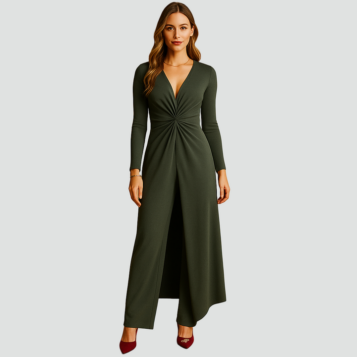 Damski komplet z maxi tuniką open front i szerokimi spodniami