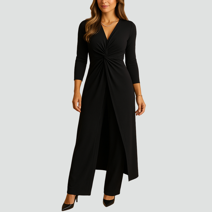 Damski komplet z maxi tuniką open front i szerokimi spodniami