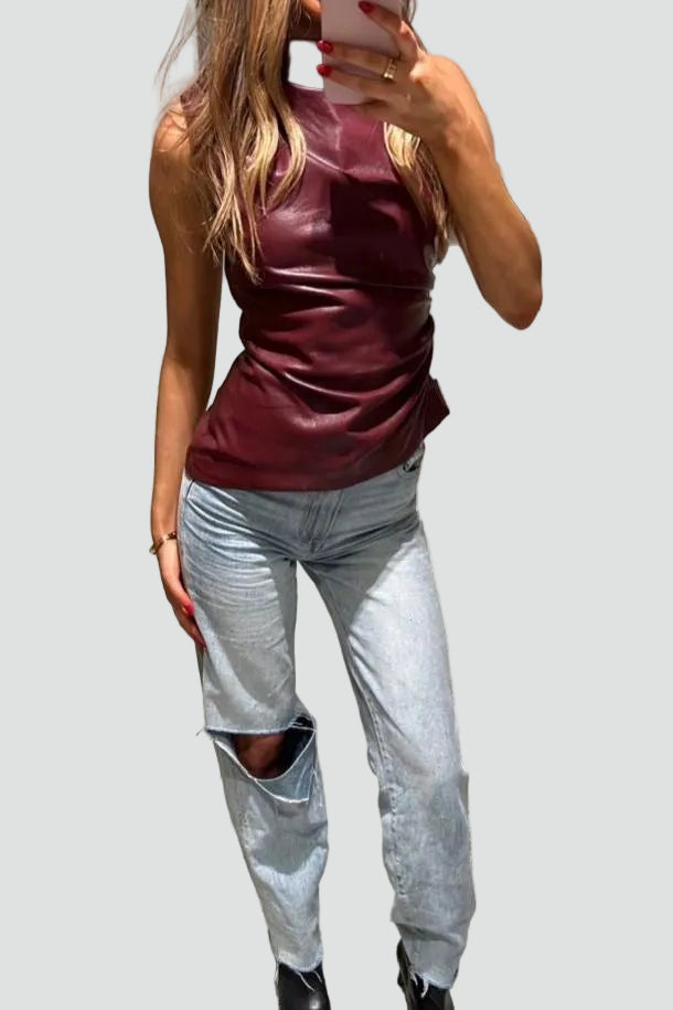 Women's Top Faux Leather Stand Collar Ruched Elegant Sleeveless