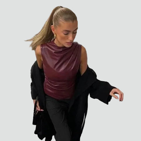 Women's Top Faux Leather Stand Collar Ruched Elegant Sleeveless