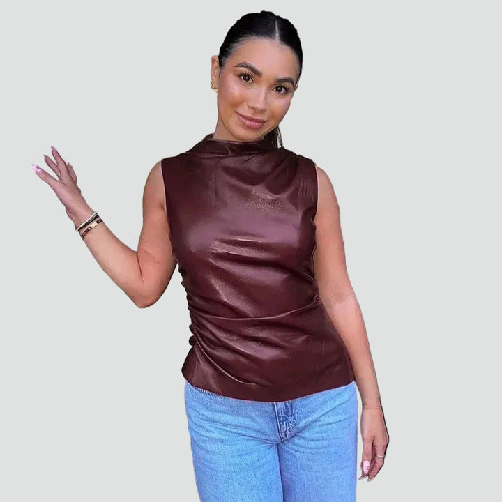 Women's Top Faux Leather Stand Collar Ruched Elegant Sleeveless