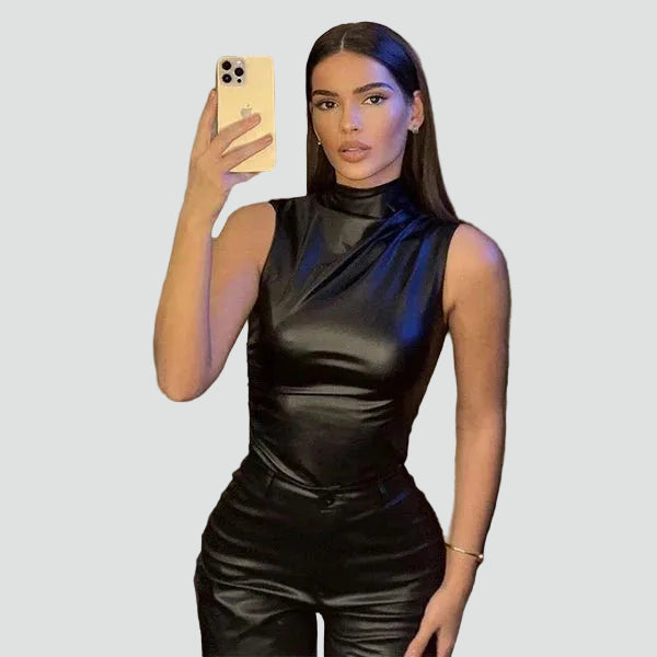 Women's Top Faux Leather Stand Collar Ruched Elegant Sleeveless