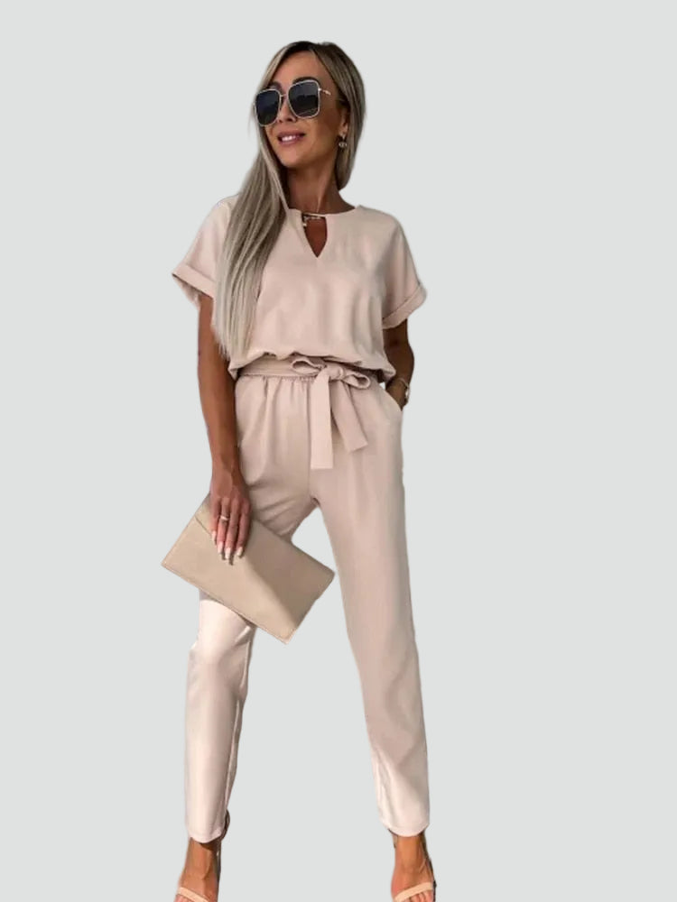Women's jumpsuit with short sleeves and waist tie