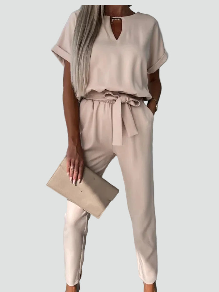 Women's jumpsuit with short sleeves and waist tie