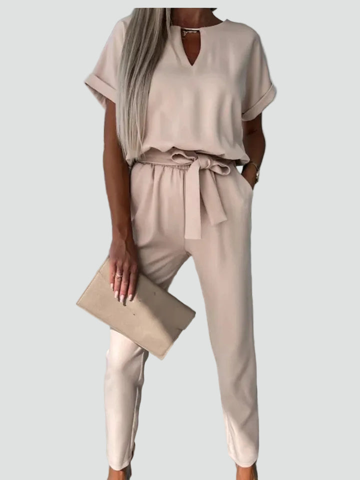 Women's jumpsuit with short sleeves and waist tie