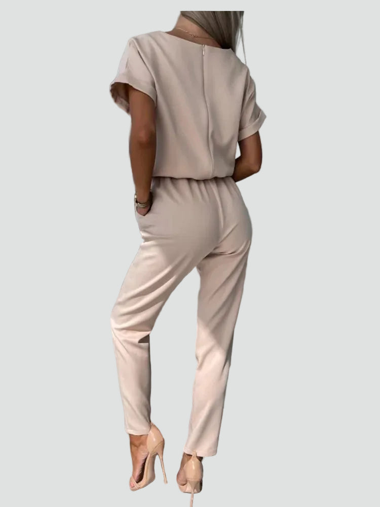 Women's jumpsuit with short sleeves and waist tie