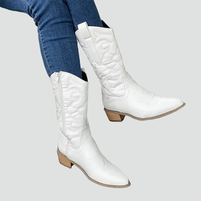 Women's knee-high cowboy boots with block heel, embroidery, and zipper western style