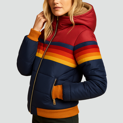 Damska kurtka puffer w stylu bomber z kapturem i retro paskami