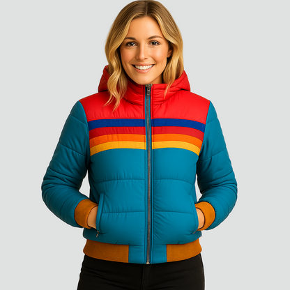 Damska kurtka puffer w stylu bomber z kapturem i retro paskami