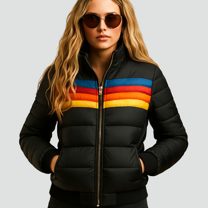 Damska kurtka puffer w stylu bomber z kapturem i retro paskami